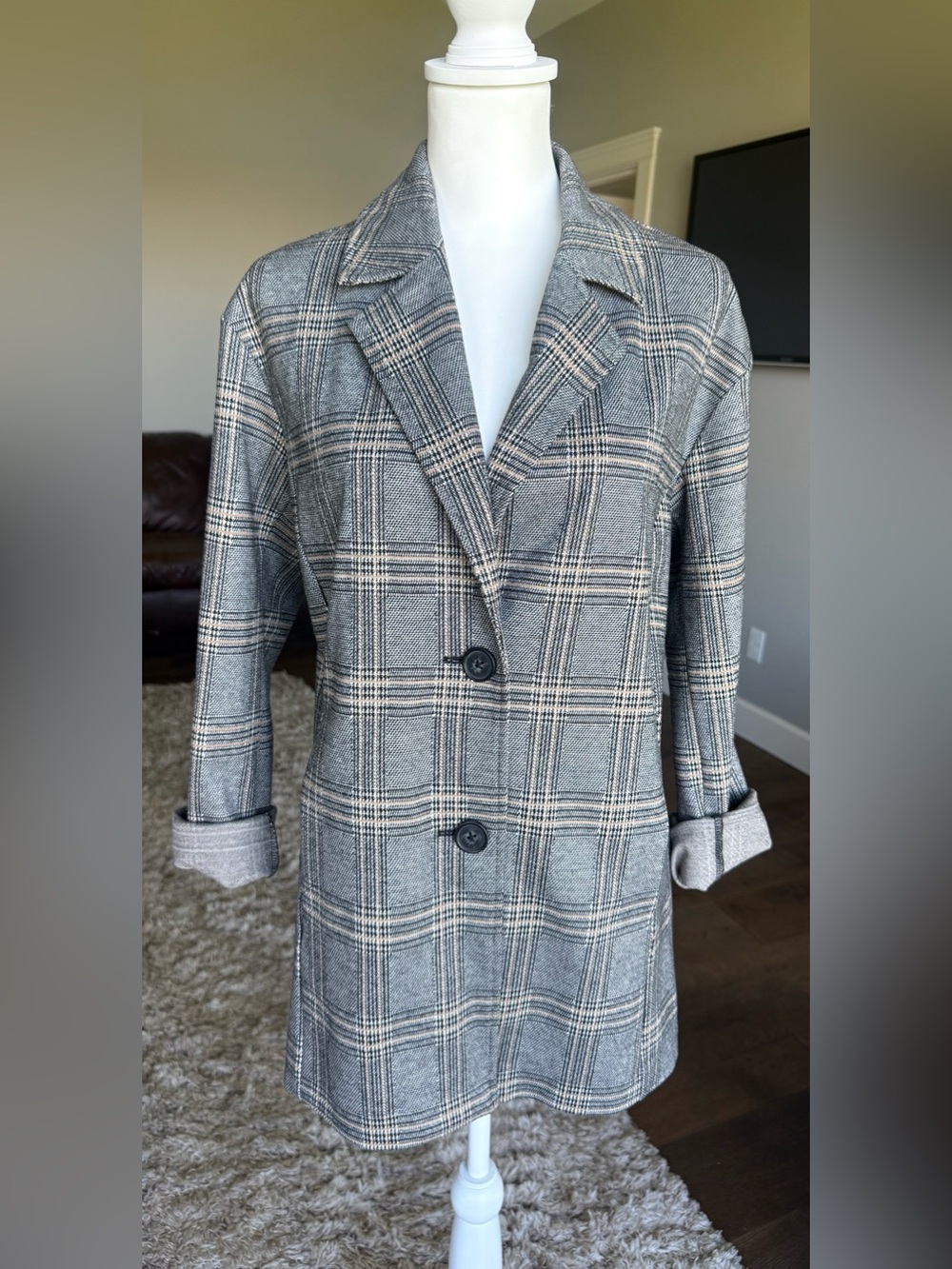 Avec Les Filles Classic Plaid Woman's Blazer Coat Size Small Black and Brown